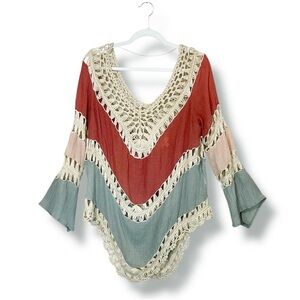 Umgee Bohemian Crochet Trim Color Block Tunic Top